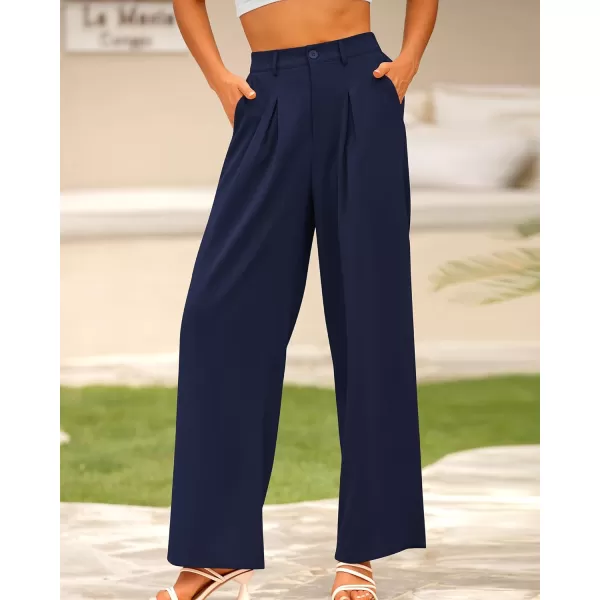 BTFBM Women High Waist Casual Wide Leg Long Palazzo Pants Button Down Loose Business Work Office Trousers with PocketsSolid Navy
