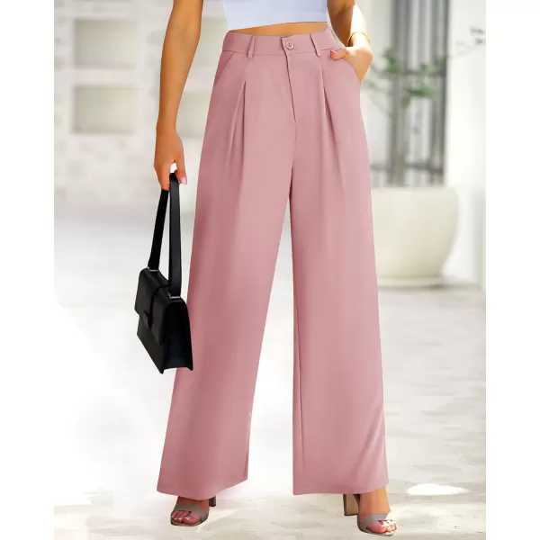BTFBM Women High Waist Casual Wide Leg Long Palazzo Pants Button Down Loose Business Work Office Trousers with PocketsSolid Pink