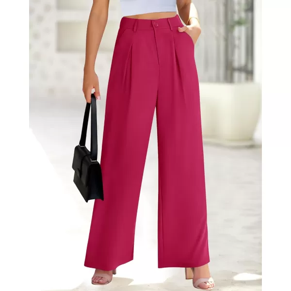BTFBM Women High Waist Casual Wide Leg Long Palazzo Pants Button Down Loose Business Work Office Trousers with PocketsSolid Rose Red