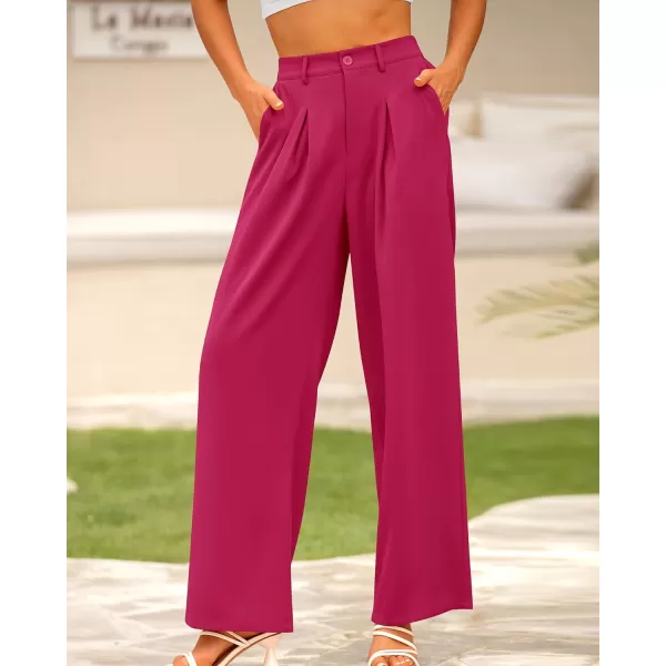 BTFBM Women High Waist Casual Wide Leg Long Palazzo Pants Button Down Loose Business Work Office Trousers with PocketsSolid Rose Red