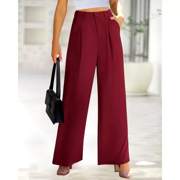 BTFBM Women High Waist Casual Wide Leg Long Palazzo Pants Button Down Loose Business Work Office Trousers with PocketsSolid Wine Red