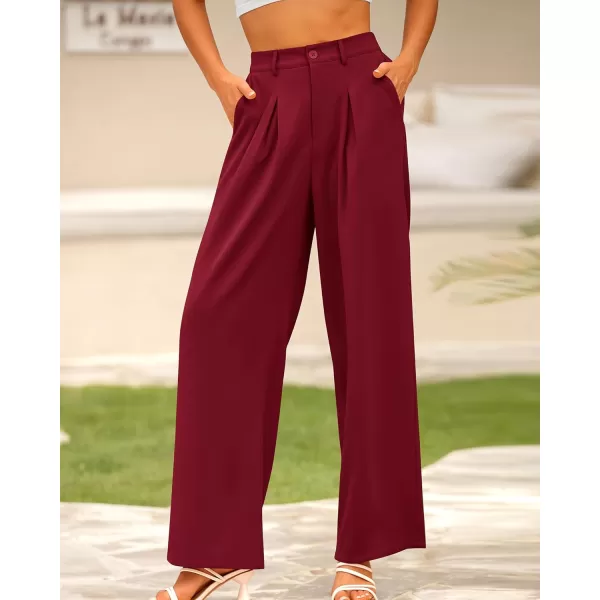 BTFBM Women High Waist Casual Wide Leg Long Palazzo Pants Button Down Loose Business Work Office Trousers with PocketsSolid Wine Red