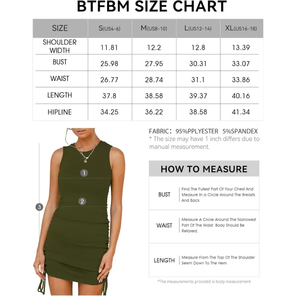 BTFBM Women Sleeveless Bodycon Ruched Short Dress Side Drawstring Solid Crew Neck Casual Summer Tank Shirt Mini DressesArmy Green