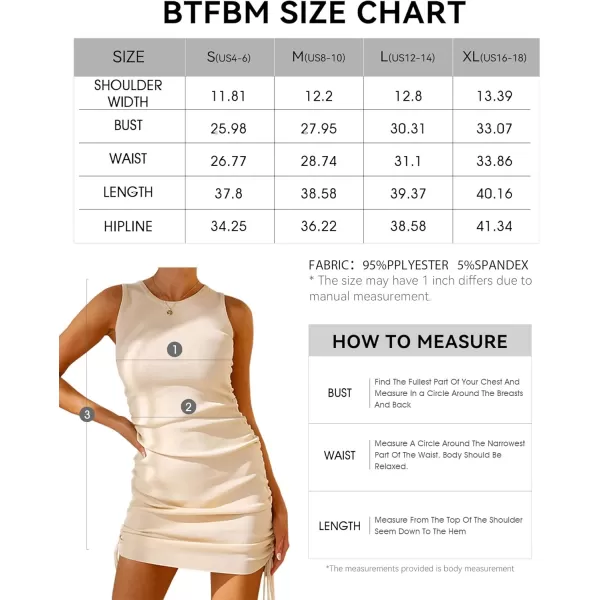 BTFBM Women Sleeveless Bodycon Ruched Short Dress Side Drawstring Solid Crew Neck Casual Summer Tank Shirt Mini DressesBeige