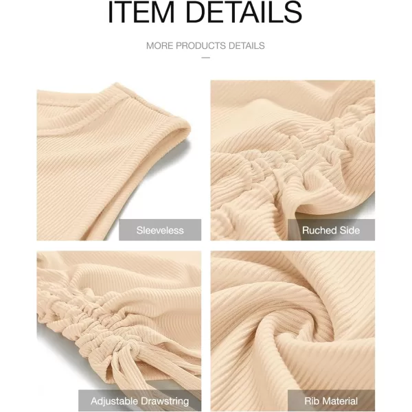 BTFBM Women Sleeveless Bodycon Ruched Short Dress Side Drawstring Solid Crew Neck Casual Summer Tank Shirt Mini DressesBeige