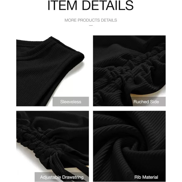 BTFBM Women Sleeveless Bodycon Ruched Short Dress Side Drawstring Solid Crew Neck Casual Summer Tank Shirt Mini DressesBlack