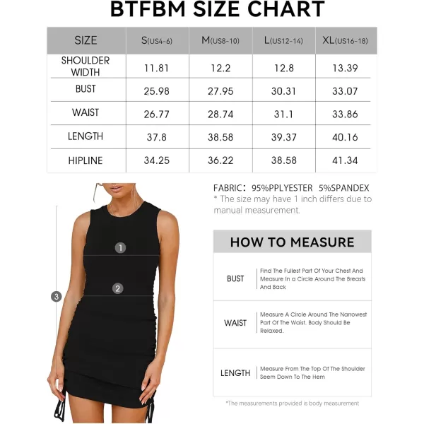 BTFBM Women Sleeveless Bodycon Ruched Short Dress Side Drawstring Solid Crew Neck Casual Summer Tank Shirt Mini DressesBlack