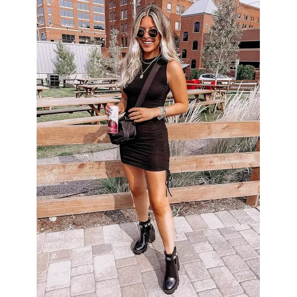 BTFBM Women Sleeveless Bodycon Ruched Short Dress Side Drawstring Solid Crew Neck Casual Summer Tank Shirt Mini DressesBlack