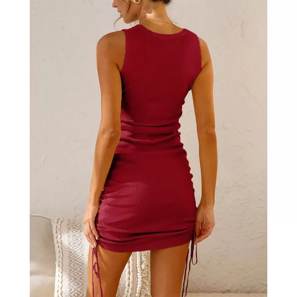 BTFBM Women Sleeveless Bodycon Ruched Short Dress Side Drawstring Solid Crew Neck Casual Summer Tank Shirt Mini DressesBright Red