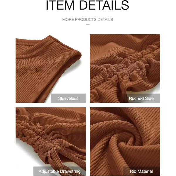 BTFBM Women Sleeveless Bodycon Ruched Short Dress Side Drawstring Solid Crew Neck Casual Summer Tank Shirt Mini DressesBrown