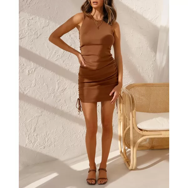 BTFBM Women Sleeveless Bodycon Ruched Short Dress Side Drawstring Solid Crew Neck Casual Summer Tank Shirt Mini DressesBrown