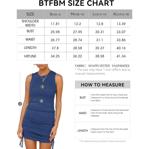 BTFBM Women Sleeveless Bodycon Ruched Short Dress Side Drawstring Solid Crew Neck Casual Summer Tank Shirt Mini DressesDark Blue 2