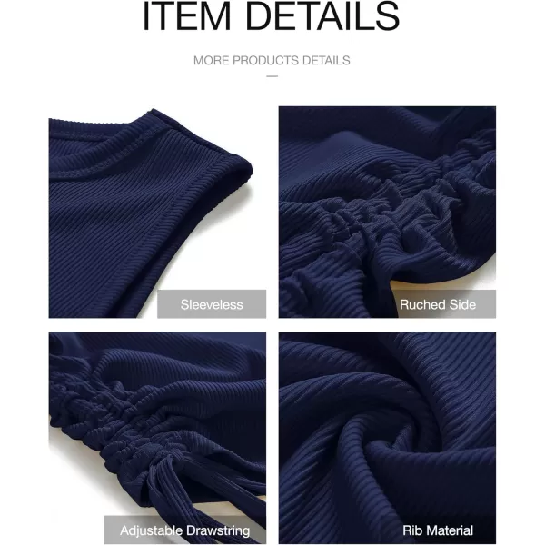 BTFBM Women Sleeveless Bodycon Ruched Short Dress Side Drawstring Solid Crew Neck Casual Summer Tank Shirt Mini DressesDark Blue