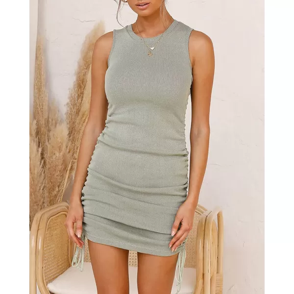 BTFBM Women Sleeveless Bodycon Ruched Short Dress Side Drawstring Solid Crew Neck Casual Summer Tank Shirt Mini DressesGreen