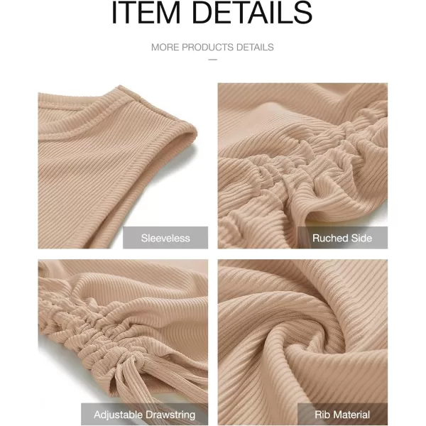 BTFBM Women Sleeveless Bodycon Ruched Short Dress Side Drawstring Solid Crew Neck Casual Summer Tank Shirt Mini DressesKhaki