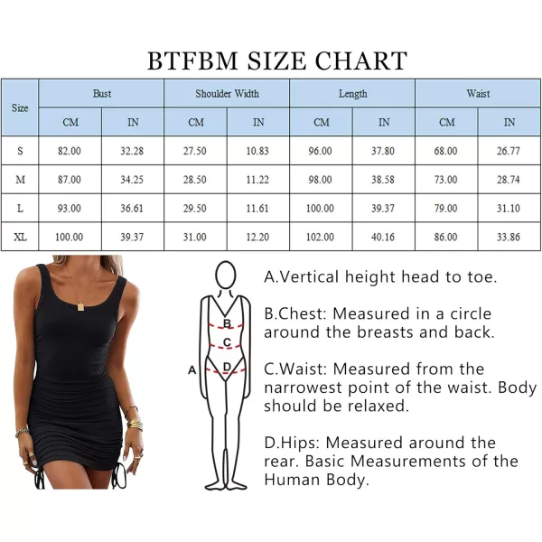 BTFBM Women Sleeveless Bodycon Ruched Short Dress Side Drawstring Solid Crew Neck Casual Summer Tank Shirt Mini DressesNarrow Strap  Black
