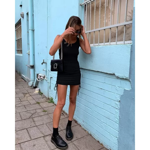 BTFBM Women Sleeveless Bodycon Ruched Short Dress Side Drawstring Solid Crew Neck Casual Summer Tank Shirt Mini DressesNarrow Strap  Black