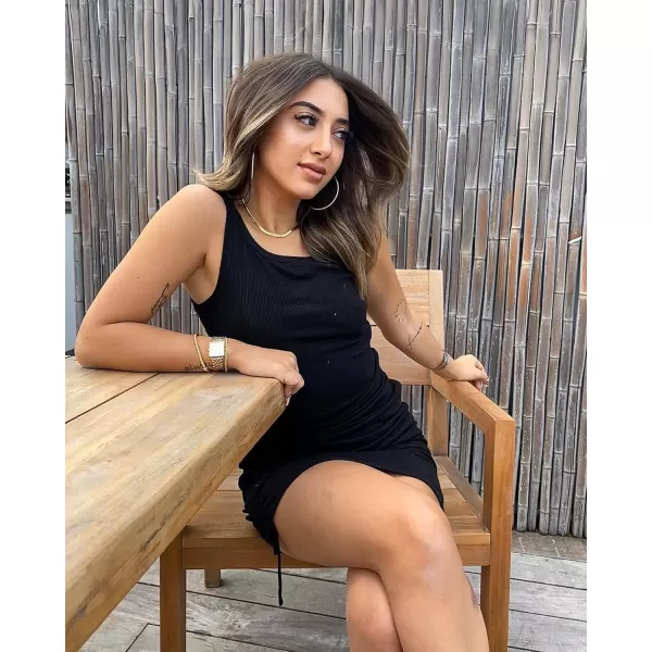 BTFBM Women Sleeveless Bodycon Ruched Short Dress Side Drawstring Solid Crew Neck Casual Summer Tank Shirt Mini DressesNarrow Strap  Black