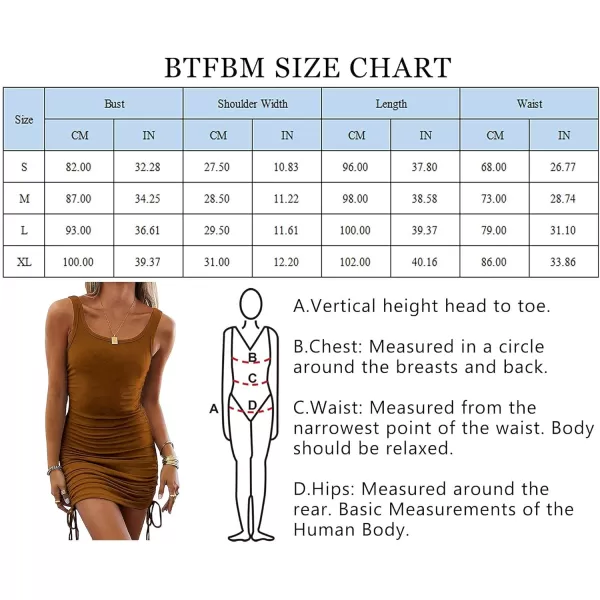 BTFBM Women Sleeveless Bodycon Ruched Short Dress Side Drawstring Solid Crew Neck Casual Summer Tank Shirt Mini DressesNarrow Strap  Coffee