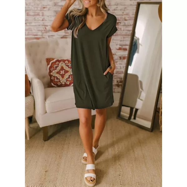 BTFBM Women VNeck Short Sleeve Summer Dresses 2024 Spring Casual Loose TShirt Tunic Short Dress Pajamas with PocketsArmy Green