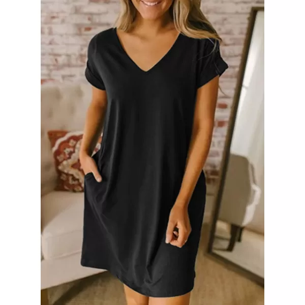 BTFBM Women VNeck Short Sleeve Summer Dresses 2024 Spring Casual Loose TShirt Tunic Short Dress Pajamas with PocketsBlack