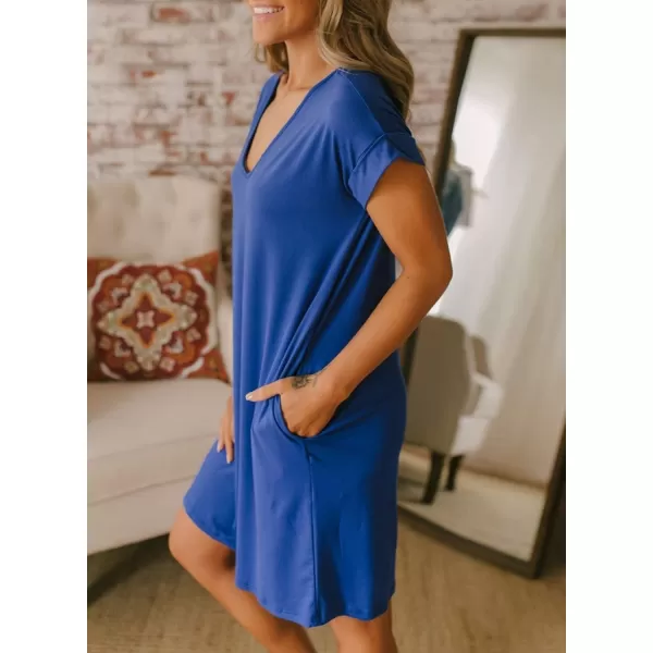 BTFBM Women VNeck Short Sleeve Summer Dresses 2024 Spring Casual Loose TShirt Tunic Short Dress Pajamas with PocketsBlue