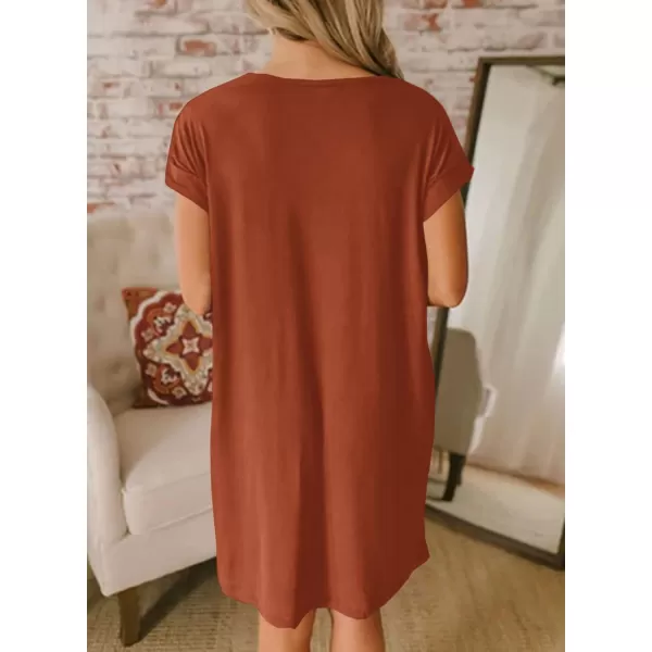 BTFBM Women VNeck Short Sleeve Summer Dresses 2024 Spring Casual Loose TShirt Tunic Short Dress Pajamas with PocketsBrick Red