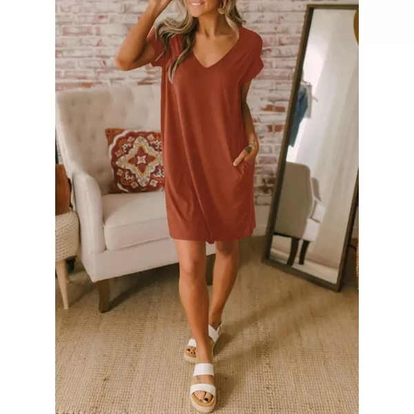 BTFBM Women VNeck Short Sleeve Summer Dresses 2024 Spring Casual Loose TShirt Tunic Short Dress Pajamas with PocketsBrick Red