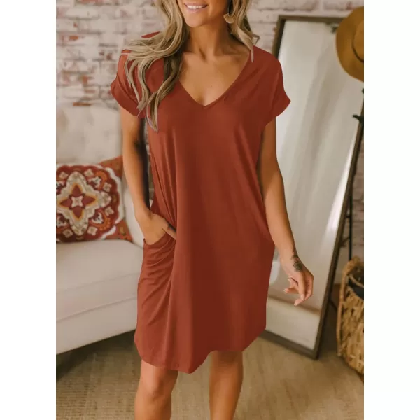 BTFBM Women VNeck Short Sleeve Summer Dresses 2024 Spring Casual Loose TShirt Tunic Short Dress Pajamas with PocketsBrick Red