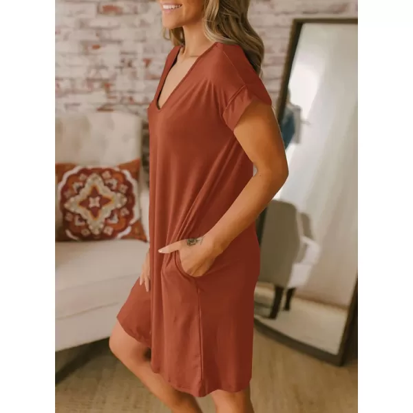 BTFBM Women VNeck Short Sleeve Summer Dresses 2024 Spring Casual Loose TShirt Tunic Short Dress Pajamas with PocketsBrick Red