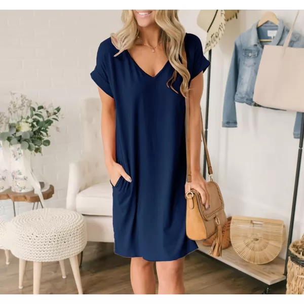 BTFBM Women VNeck Short Sleeve Summer Dresses 2024 Spring Casual Loose TShirt Tunic Short Dress Pajamas with PocketsDark Blue