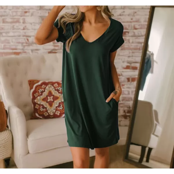 BTFBM Women VNeck Short Sleeve Summer Dresses 2024 Spring Casual Loose TShirt Tunic Short Dress Pajamas with PocketsDark Green