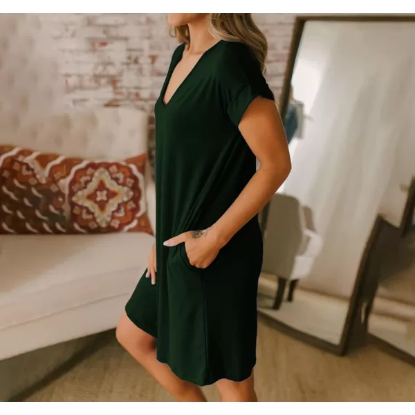 BTFBM Women VNeck Short Sleeve Summer Dresses 2024 Spring Casual Loose TShirt Tunic Short Dress Pajamas with PocketsDark Green