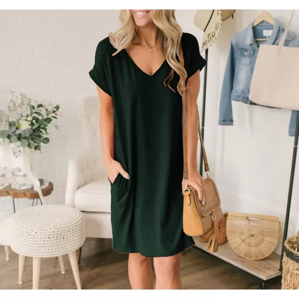 BTFBM Women VNeck Short Sleeve Summer Dresses 2024 Spring Casual Loose TShirt Tunic Short Dress Pajamas with PocketsDark Green