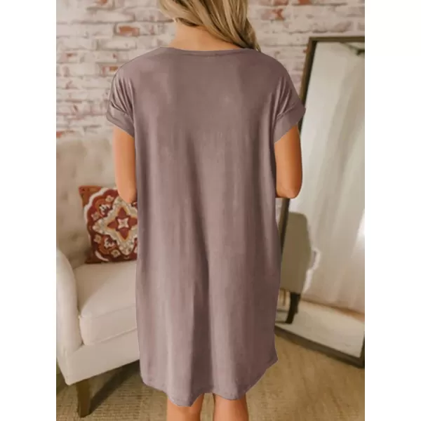 BTFBM Women VNeck Short Sleeve Summer Dresses 2024 Spring Casual Loose TShirt Tunic Short Dress Pajamas with PocketsDark Khaki