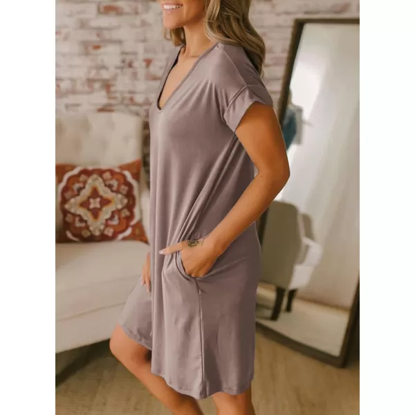 BTFBM Women VNeck Short Sleeve Summer Dresses 2024 Spring Casual Loose TShirt Tunic Short Dress Pajamas with PocketsDark Khaki
