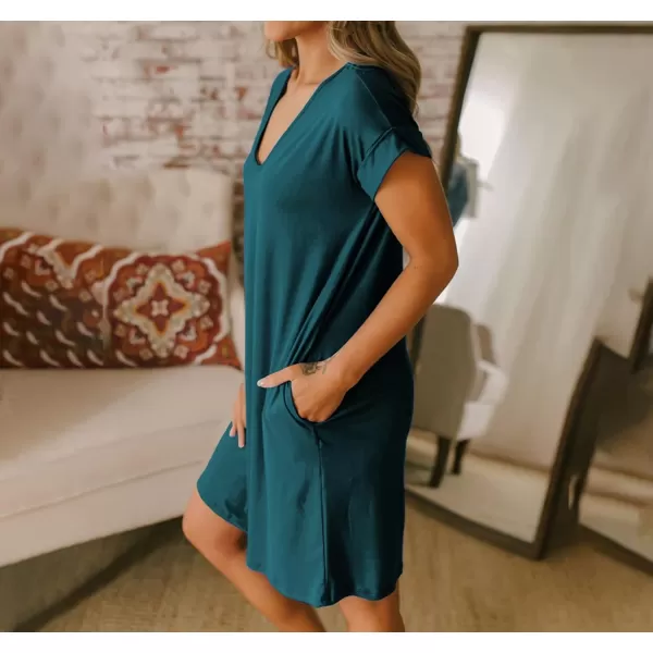 BTFBM Women VNeck Short Sleeve Summer Dresses 2024 Spring Casual Loose TShirt Tunic Short Dress Pajamas with PocketsDark Lake Blue