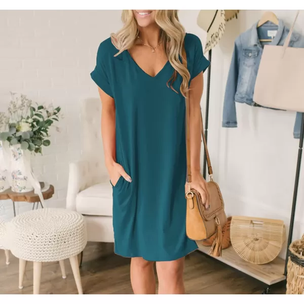BTFBM Women VNeck Short Sleeve Summer Dresses 2024 Spring Casual Loose TShirt Tunic Short Dress Pajamas with PocketsDark Lake Blue