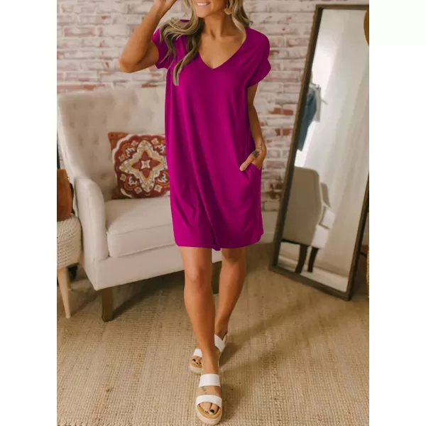 BTFBM Women VNeck Short Sleeve Summer Dresses 2024 Spring Casual Loose TShirt Tunic Short Dress Pajamas with PocketsDark Purple Red