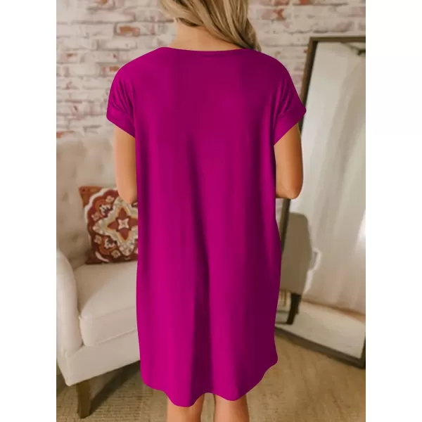 BTFBM Women VNeck Short Sleeve Summer Dresses 2024 Spring Casual Loose TShirt Tunic Short Dress Pajamas with PocketsDark Purple Red