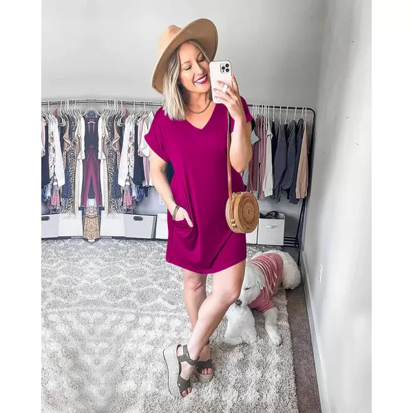 BTFBM Women VNeck Short Sleeve Summer Dresses 2024 Spring Casual Loose TShirt Tunic Short Dress Pajamas with PocketsDark Purple Red