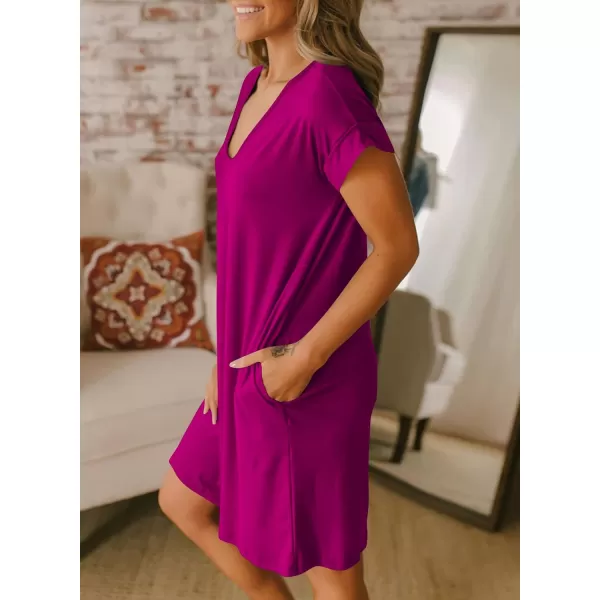 BTFBM Women VNeck Short Sleeve Summer Dresses 2024 Spring Casual Loose TShirt Tunic Short Dress Pajamas with PocketsDark Purple Red