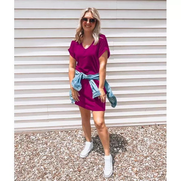 BTFBM Women VNeck Short Sleeve Summer Dresses 2024 Spring Casual Loose TShirt Tunic Short Dress Pajamas with PocketsDark Purple Red