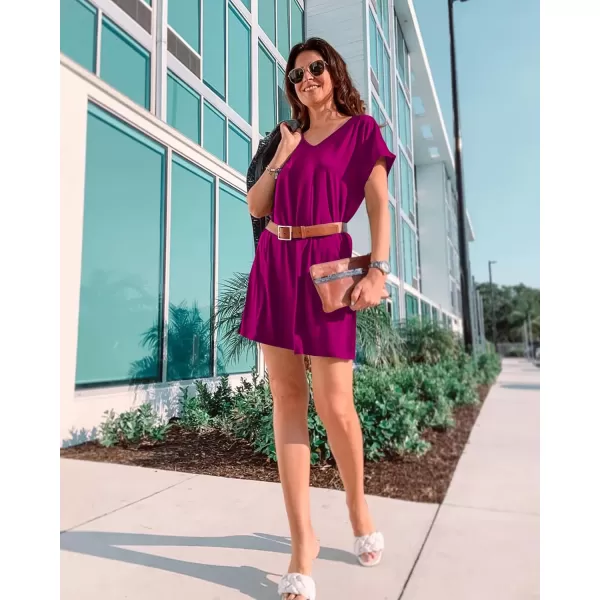 BTFBM Women VNeck Short Sleeve Summer Dresses 2024 Spring Casual Loose TShirt Tunic Short Dress Pajamas with PocketsDark Purple Red