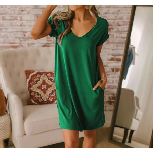 BTFBM Women VNeck Short Sleeve Summer Dresses 2024 Spring Casual Loose TShirt Tunic Short Dress Pajamas with PocketsGreen