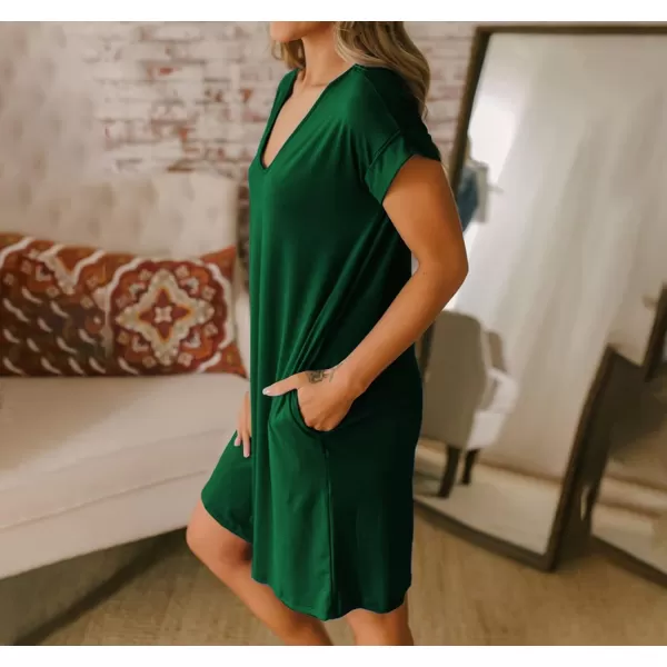 BTFBM Women VNeck Short Sleeve Summer Dresses 2024 Spring Casual Loose TShirt Tunic Short Dress Pajamas with PocketsGreen