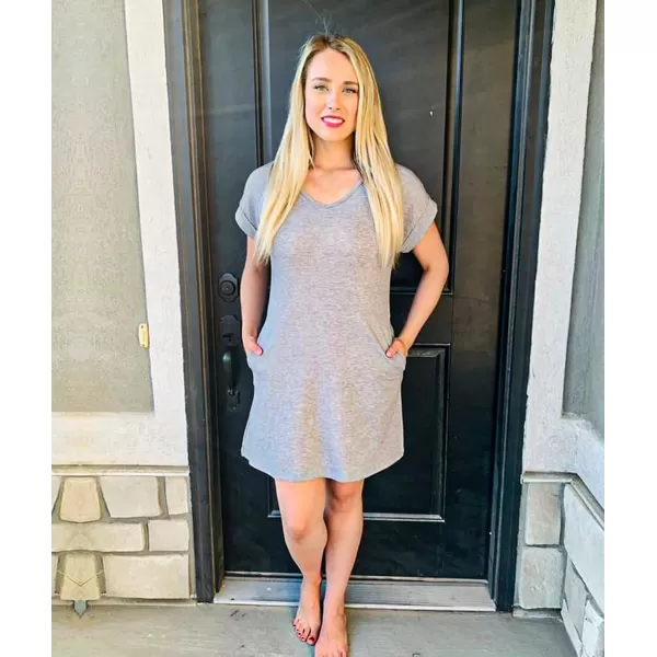 BTFBM Women VNeck Short Sleeve Summer Dresses 2024 Spring Casual Loose TShirt Tunic Short Dress Pajamas with PocketsGrey