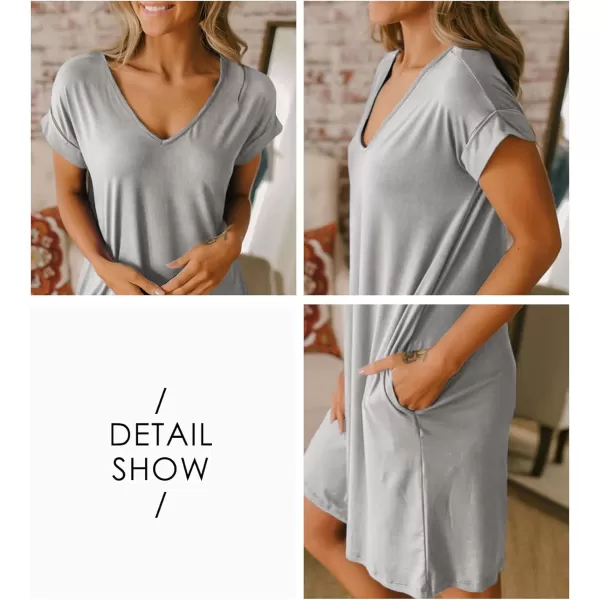 BTFBM Women VNeck Short Sleeve Summer Dresses 2024 Spring Casual Loose TShirt Tunic Short Dress Pajamas with PocketsGrey