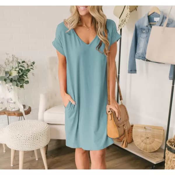 BTFBM Women VNeck Short Sleeve Summer Dresses 2024 Spring Casual Loose TShirt Tunic Short Dress Pajamas with PocketsGrey Blue