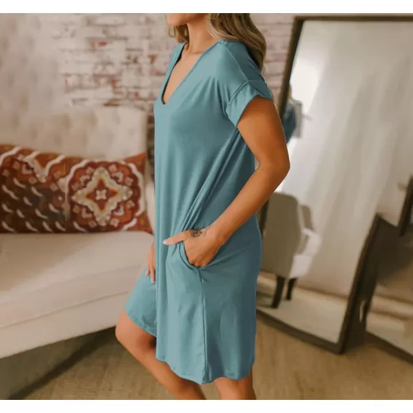 BTFBM Women VNeck Short Sleeve Summer Dresses 2024 Spring Casual Loose TShirt Tunic Short Dress Pajamas with PocketsGrey Blue